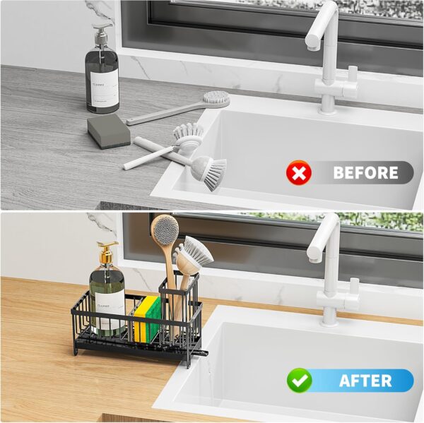 Cisily Black Sponge Holder for Kitchen Sink, Sink Caddy Organizer with High Brush Holder, Kitchen Countertop Organizers and Storage Essentials - Image 4